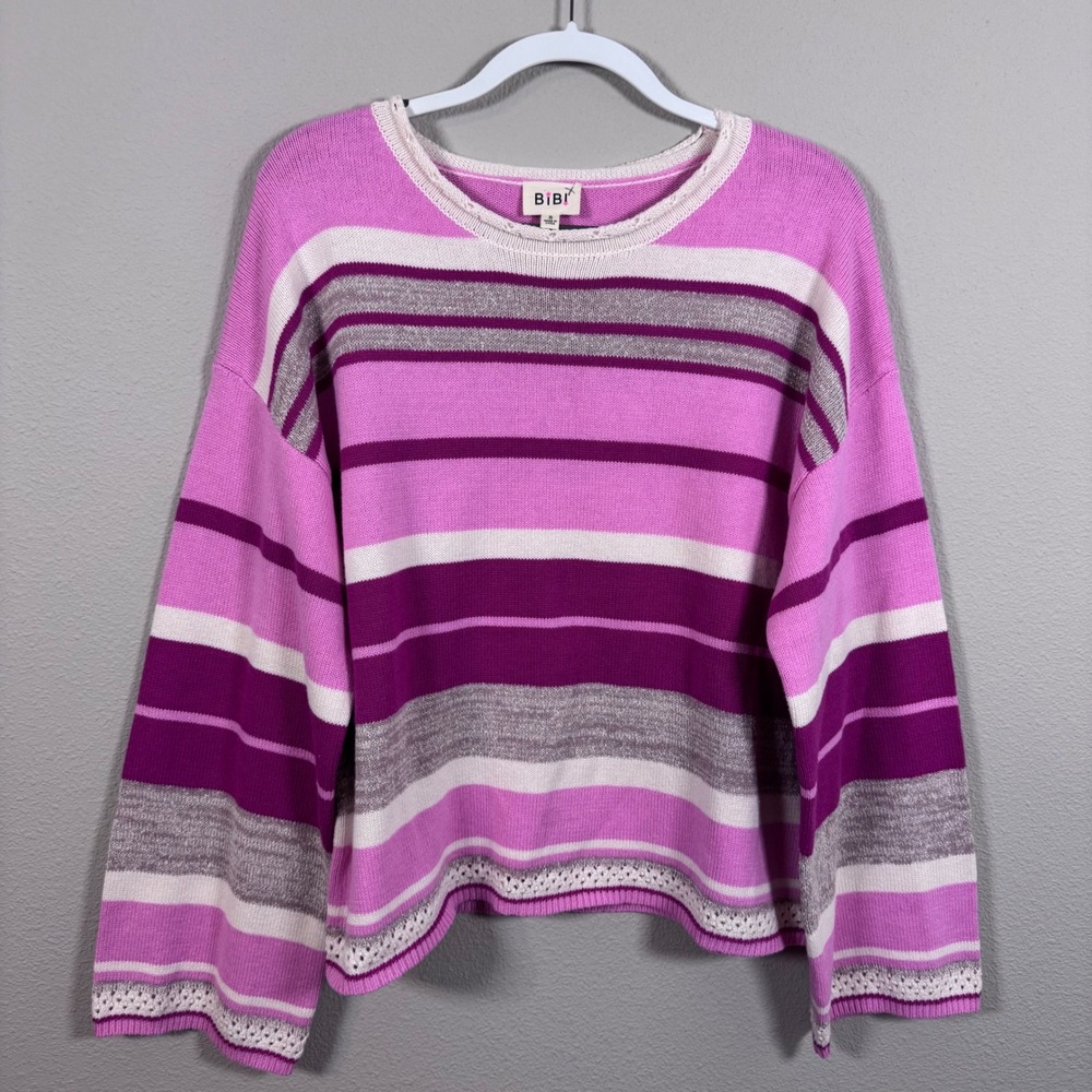 BIBI Pink Striped Crochet Oversized Knit Sweater Soft Girl Boho Women's Small